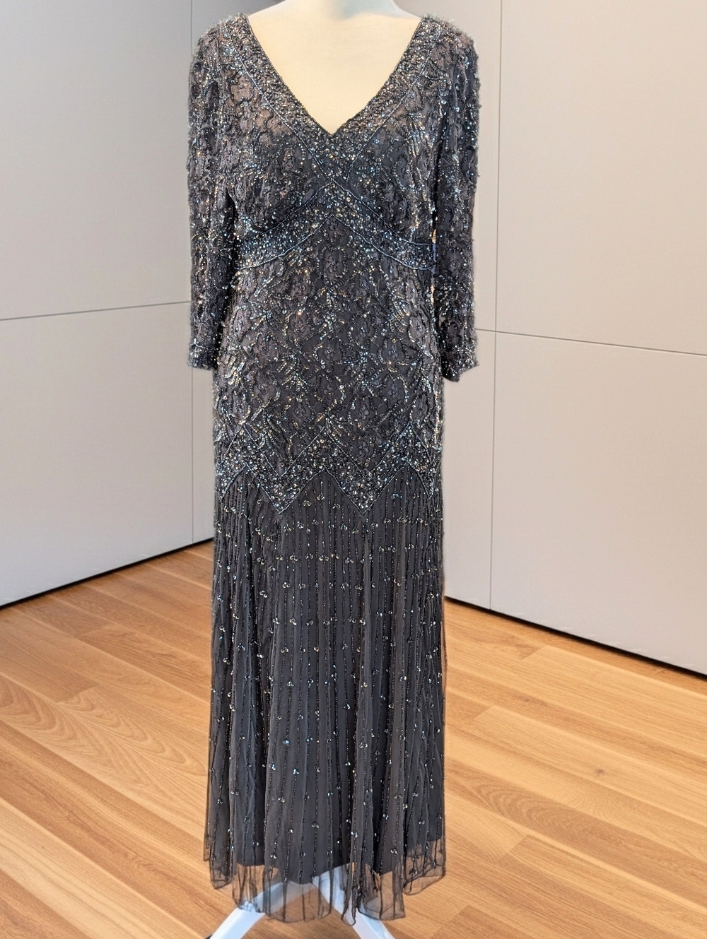 Pisarro Nights Beaded Charcoal Gray Long Sleeve Evening Gown